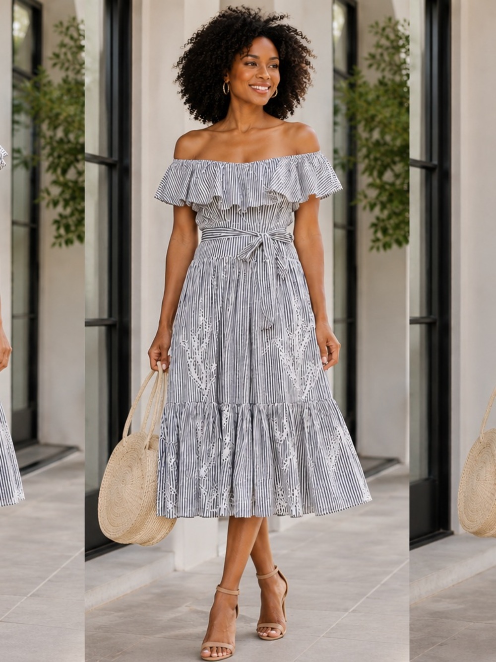 Tory Burch Gray & White Embroidered Cotton Midi Dress NWOT